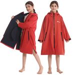 Hiturbo Kids Waterproof Swim Parka: Thin Fleece Swimming Coat - Oversized Swimmer Jacket - Knee Length Swim Team Outfit (9-13Y, Red)