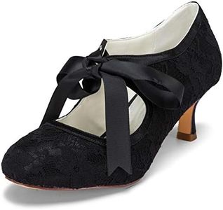 JIAJIA 140311 Women's Bridal Shoes Closed Toe Stiletto Heel Lace Satin Pumps Ribbon Tie Wedding Shoes Color Black,Size 9 B(M) US/40 EU