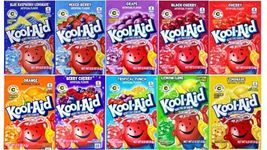 Kool Aid 10 assorted Flavours of caffeine-free unsweetened drink mix, 1 pack of each flavour, makes 2 quarts