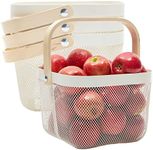 4 Pack Square Metal Mesh Fruit Basket with Wooden Handle for Kitchen, Pantry Storage and Organization (9.5 x 7 In, White)