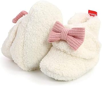 Ohwawadi Baby Girl Bow Booties Cozy Fleece Infant Baby Slippers Soft Warm Socks Shoes Newborn Crib Shoes White 0-6 Months