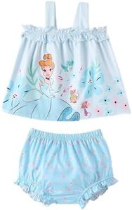 Disney Princess Cinderella Baby Girl Outfit Sleeveless Ruffle Sling Tank Tops Short Elastic Waist Bloomers Diaper Cover Set Infant 2PCS Summer Clothing Set Floral Cute Babies Clothes 0-3 Months