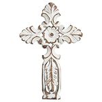 47th & Main Whitewashed Carved Wood Cross Wall Décor, 5.25" W x 8" H, Flower