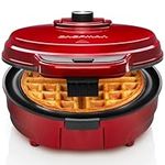 Chefman Anti-Overflow Belgian Waffle Maker w/ Shade Selector, Temperature Control, Mess Free Moat, Round Iron w/ Nonstick Plates & Cool Touch Handle, Measuring Cup Included, Red