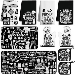 Vetoxka 10 Pcs Farmhouse Kitchen Decor and Accessories Set 4 Kitchen Dish Towels 2 Oven Mitts 2 Rugs 2 Pot Holders Black Utensils Theme Mats and Rugs for Mom Gift Cooking Baking Grilling Housewarming