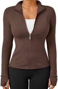 Trendy Queen Womens Lightweight Zip Up Jackets 2026 Athletic Workout Hoodies Spring Shirt Fitted Gym Clothes with Pocket Brown S
