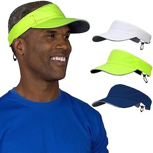 TrailHeads Men’s Sun Visor Hat for Running, Golf and Tennis - Recycled - White-Navy-hi vis