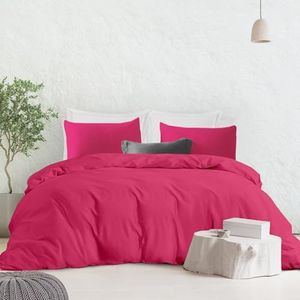 Full/Queen Size Duvet Covers Egyptian Cotton 600 Thread Count Ultra Soft and Breathable 3 Piece Set Hot Pink Solid Quilt Cover with Zipper Closure & Four Corner Ties