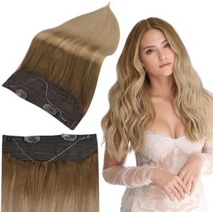 Full Shine 18 Inch Fish Line Hair Extensions Straight Hair Golden Brown to Dirty Blonde Wire Human Hair Extensions One Piece Blonde Human Hair Extension 80g Secrets Hairpiece Extensions