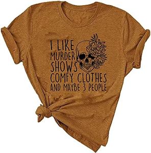 Women Horror Friends Shirt I Like Murder Shows Novelty Print Maybe 3 People Short Sleeve Graphic Classic Casual Party Comfy Clothes Summer Fall Top,L Camel