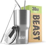 Beast Tumbler - 900 ml (30 oz), Silver | Reusable Stainless Steel, Vacuum Insulated Cup | with + 2 Straws & Cleaning Brush | Double Wall Travel Flask Perfect for Hot or Iced Coffee | BPA Free