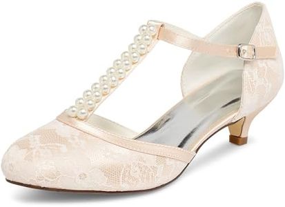 JIAJIA 01129 Women's Bridal Shoes Closed Toe T-Strap 1.8'' Low Heel Lace Satin Pumps Imitation Wedding Shoes Colour Champagne,Size 7.5 B(M) US/38 EU