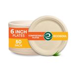 ECO SOUL [6 inch, 50 Pack Disposable Bagasse Plates | Eco-Friendly, Biodegradable, Sugarcane Paper Plates | for Serving Snacks | Birthday, Wedding & Party | Round, Beige (15 cm)