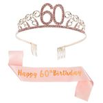 Bohoman Rose Gold Happy 60th Birthday Sash and 60 Birthday Tiara Rhinestone Crown Headband for 60 Birthday Gift Party Accessories 60th Birthday Decoration Girls Women