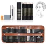 Angel Bear 29 Pieces Professional Sketching & Drawing Art Tool Kit with Graphite Pencils, Charcoal Pencils, Paper Erasable Pen, Craft Knife-Lightwish (with Canvas Rolling Pouch)