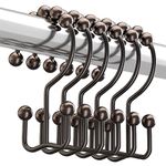 Titanker Shower Curtain Hooks Rings, Rust-Resistant Metal Double Glide Shower Hooks for Bathroom Shower Rods Curtains, Set of 12 Hooks - Bronze