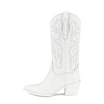 keleimusi Women's Western Embroidered Cowgirl Boots for Women Knee High Wide Calf Cowboy Boots Slip On Pointed Toe Chunky Heel Pull-On Tall Boots, White, 7