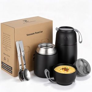 Insulated Thermo Food Jar for Hot & Cold Food for Kids Adult, 17&24 oz Soup Thermal Hot Food Containers for Lunch, Triple Layer Insulation Stainless Steel Food Jar with Spoon (2 Pack Black)