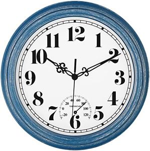 zyzamay 12 Inch Indoor Outdoor Clocks,Waterproof Wall Clock with Thermometer,Easy to Read,Non-Ticking Battery Operated Quality Quartz Clock, Decorative for Patio,Porch,Pool,Bathroom,Deck(Blue)