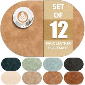 ADRIMER Placemats, Heat Resistant Oval Placemats Set of 12 Washable 12 x 17 Inch, Waterproof Table Mats, Wipeable Pu Place Mats for Kitchen, Dining Room, Light Brown