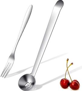 2 Pieces Olive Spoon Strainer Stainless Steel Pickle Forks Set Pick Jar Spoon and Fork Cherry Spoon with Drain Hole Jar Serving Spoon Tools for Onion, Caper Slotted Spoon