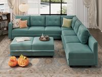 LLappuil Modular Sectional Sofa, Convertible L Shaped Sectional Couch with Storage, Faux Leather Fabric, Modular Sectionals with Chaise, 7 Seats with 2 Ottomans Sofas for Living Room, Aqua Blue