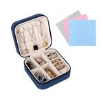 FuninCrea Jewellery Box Organiser for Women, Mini PU Leather Travel Jewelry Storage Case with 3pcs Silver Cloth for Rings Earrings Necklace, Portable Jewelry Case for Girl, Wife, Mother (PU blue)