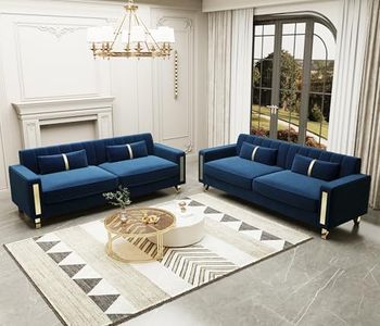 ANTTYBALE Couch 85.62" 3 Seats Sectional Velvet Fabric Sofa Easy Assemble Sofa Bed with 2 Couch Pillows,Gold Metal Legs for Living Room (P17, 2 PCS Blue)