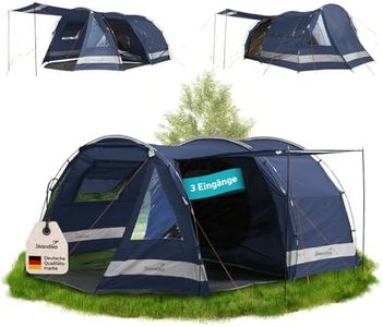Skandika Kambo Tunnelzelt für 4 Personen | Dunkle Schlafkabine mit Silberbeschichtung, 3000 mm Wassersäule, 3 Eingänge, Sonnendach, Vorzelt, mit Einlegeboden | Campingzelt in dunkelblau