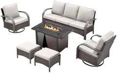 HUMMUH Patio Conversation Sets with Fire Pit-All Weather Wicker Outdoor Swivel Chair with Patio Couch Outdoor Patio Furniture for Deck Porch Garden Poolside Backyard-Brown/Beige