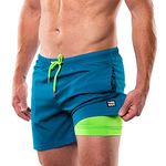 Third Wave Swim Trunks with Compression Liner - Men's Premium 5 Inch Inseam Quick Dry Swim Shorts for Beach and Swimming, Aquamarine, Small