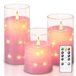 Homemory Pink Flameless Candles Flickering with String Lights, Clear Acrylic Led Candles Battery Operated with Remote Control and Timer for Wedding Home Decor, Realistic 3D Flame, Set of 3