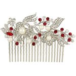 EVER FAITH Austrian Crystal Cream Simulated Pearl Flower Leaf Vine Hair Comb Red Silver-Tone