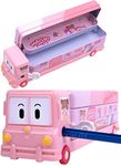 FAMOUS QUALITY® 2 in 1 - Cartoon Printed School Bus Metal Pencil Box with Moving Tyres and Sharpener for Kids | Geometry Box (Color-Pink)