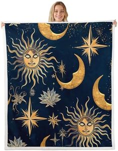 Feelyou Sun and Moon Sherpa Blanket Boho Blue Space Galaxy Fleece Throw Blanket for Kids Boys Girls Boho Mandala Plush Blanket Blue Gold Fuzzy Blanket for Sofa Bed Couch,Twin 60x80 Inches