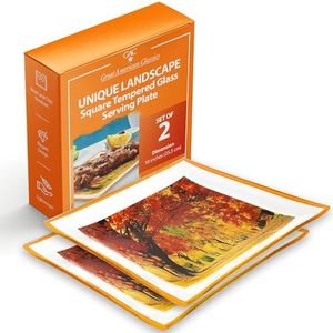 GAC Square Tempered Glass Serving Plates – Dinner Plates with Vivid Landscape Design, Break & Chip Resistant, Lightweight & Stackable Glassware, Ideal Present – Set of 2-10.5” - Yellow Colored Plate