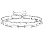 KRFY 925 Sterling Silver Clasp Paperclip Chain Bracelets 14 K White Gold Plated Solid Diamond-Cut Paperclip Chain Women Bracelet Adjustable Layered Bead Bracelets for Women Girls