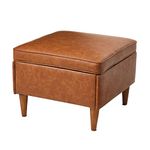 Creative Co-Op Atley Upholstered Modern Ottoman with Storage and Solid Wood Legs, Cognac Vegan Leather