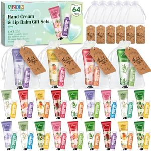 AZEN 64 Sets Bulk Gifts, Hand Cream and Lip Balm Bulk Set with Organza Bag Thank You Card, Baby Shower Wedding Gifts for Guests, Bridal Wedding Favors, Valentines Gift for Women