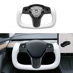 YAMUDA Compatible with Tesla Model 3 and Model Y of all years Modified Carbon Fiber Steering Wheel Aircraft Disc Square White