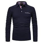 APAELEA Men's Long Sleeve Polo Shirt Casual Rugby Shirts with Plaid Down Collar,Navy,XL