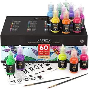 ARTEZA Fabric Paint, Set of 60, Permanent 3D Paint, Permanent Paint for Decorating T-Shirts, Ceramics, Textiles, and Glass Metallic