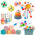 Plunack 6 in 1 Montessori Toys for Babies- Stacking Rings Blocks, Shape Sorter, Matching Eggs, Suction Cup Toy, Baby Sensory Toys Gifts (6 IN 1 Baby Toy)