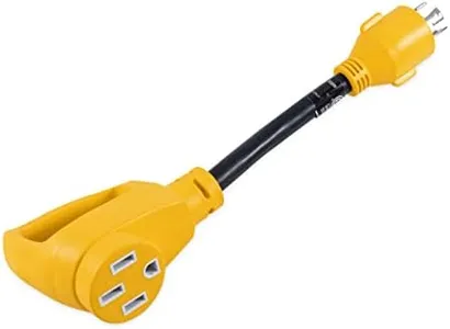 Camco PowerGrip Camper/RV Generator Adapter | Features a 4-Prong L14-30 Male End and a Standard 50-Amp Female End | Rated for 125/250 Volts & 7500 Watts (55422)