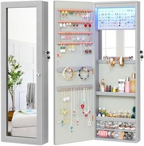 YITAHOME Mirror Jewelry Cabinet Wall Mounted Jewelry Cabinet, Door Hanging LED Jewelry Organizer with Full Length Mirror/Built-in Makeup Mirror/4 Drawers, Lockable Jewelry Armoires, Grey