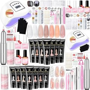 Saviland Poly Gel Kit - 7 PCS Poly Nail Gel Clear Pink Glitter Classic All-In-One Poly Gel Kit with U V Light Base & Top Gel Nail Decorations French Manicure for Nail Extension at Home Nail Salon