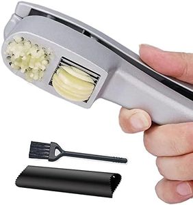 Garlic Press, 2 in 1 Garlic Mince and Garlic Slice with Garlic Cleaner Brush and Silicone Tube Peeler Set. Easy Squeeze, Rust Proof, Dishwasher Safe, Easy Clean.