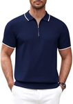 COOFANDY Mens Zipper Casual Stripe Knit Polo T Shirt Lightweight Moisture Wicking Golf, Navy Blue, Small, Short Sleeve