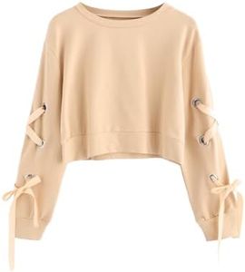 SweatyRocks Women's Casual Lace Up Long Sleeve Pullover Crop Top Sweatshirt Apricot X-Large