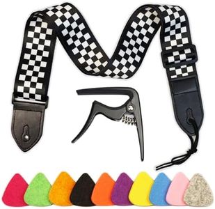 Junlego Ukulele Strap With Ukulele Capo And 10 Color Ukulele Picks Shoulder Strap for Ukulele or Small Size Guitar Length Adjustable (Black and white)